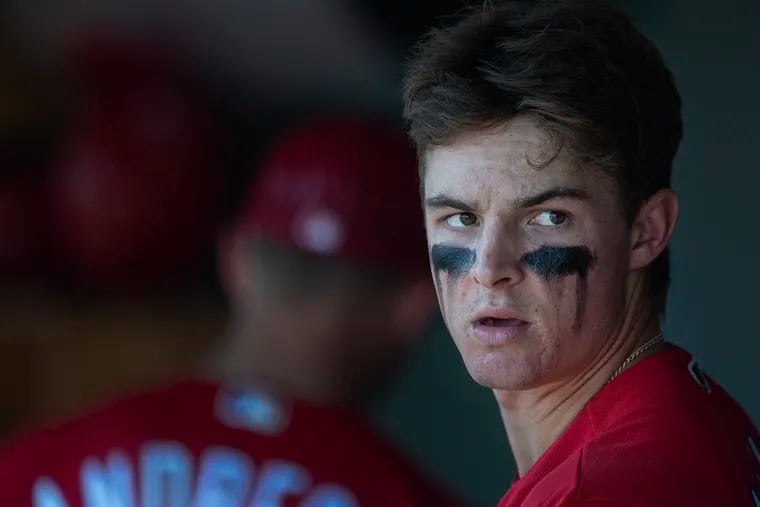 Phillies former No, 1 overall pick Mickey Moniak looks on from the dugout during a spring training game against the Detroit Tigers at Joker Marchant Stadium Lakeland, Fla., where he hit his second of the three home runs in as many games.