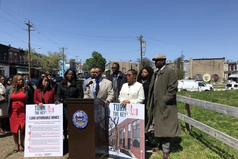 City Councilmember Curtis Jones Jr. speaks as other Council members look on at the announcement Thursday in West Philadelphia of the city's Turn the Key program, which will result in 1,000 new affordable homes across the city.