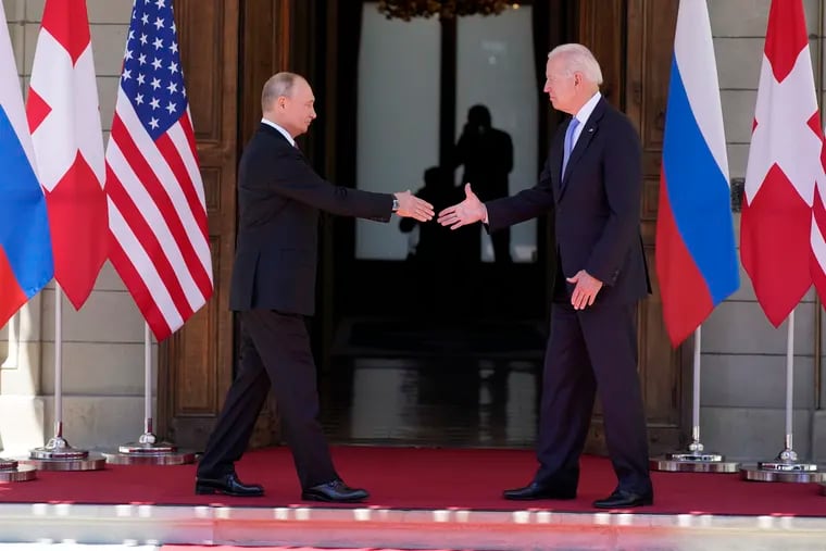 President Joe Biden (right) and Russian President Vladimir Putin arrive to meet at the Villa la Grange on Wednesday, June 16, 2021, in Geneva.
