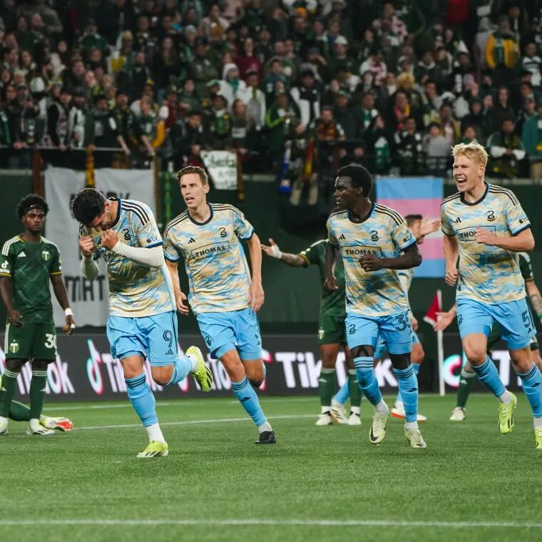 Julián Carranza (center) celebrates scoring a goal in the Union's 3-1 win over the Portland Timbers last weekend.