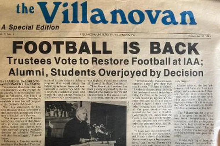 The cover of the Villanova student newspaper 'The Villanovan' the day after football was restored in Dec. 1983.
