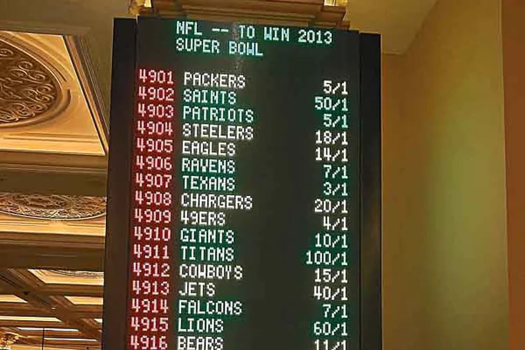 The Board showing the NFL teams favored to win last fall inside the sports book at the Venetian Casino Resort in Las Vegas. New Jersey is battling in court to get sports betting at Atlantic City casinos (By Suzette Parmley)