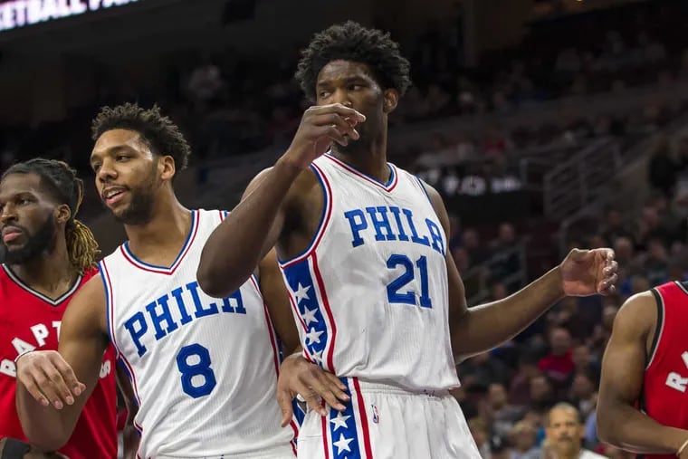 The Sixers are searching for the best way to use centers Jahlil Okafor (left) and  Joel Embiid.