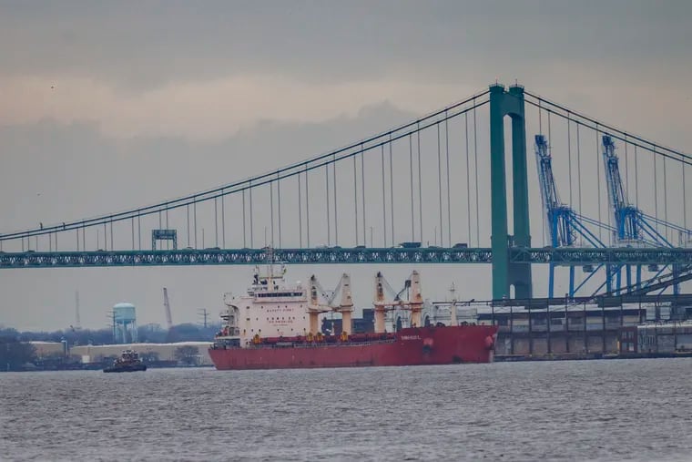 A tanker passes underneath the Walt Whitman Bridge in march.