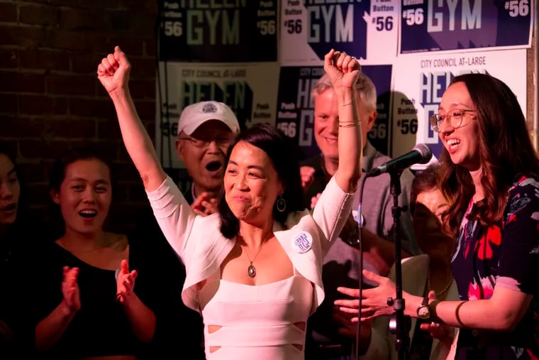 Helen Gym celebrates last month after getting the most votes in the Democratic primary for City Council at-large.