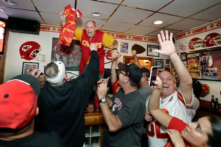 A 2017 photo from Big Charlie's Saloon, where Mikey Emma of Philadelphia celebrated the closing moments of the Eagles at Kansas City Chiefs football game.