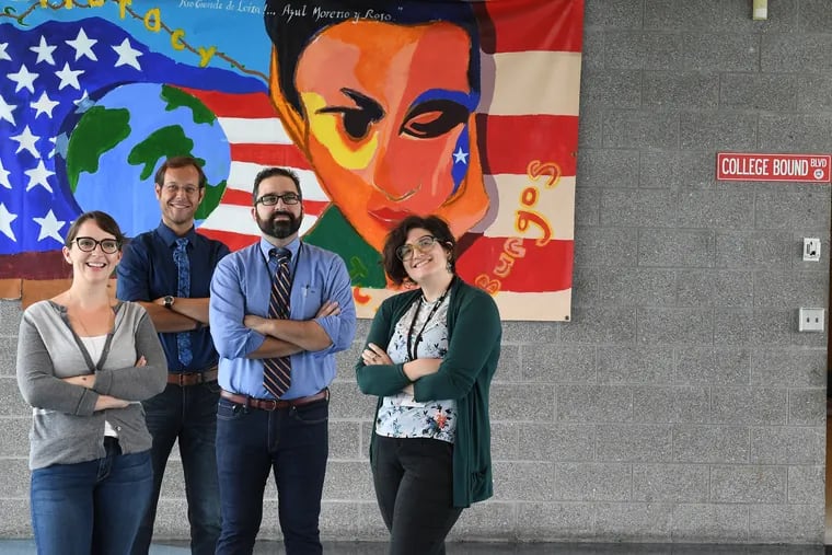 From left, Sarah Dueñas, Stephen Bolognone, Andrew Guyon and Christy Halcom, teachers at the Julia de Burgos School in Philadelphia, Pa.Tuesday, September 18, 2018. Teachers at Julia de Burgos school in Fairhill decided to change their educational programs by making a trip to the Caribbean, as most of their students came from the region and from Puerto Rico, especially, after Hurricane Mar'a happened.