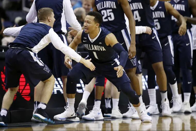 Villanova guard Jalen Brunson (1) reacts with his teammates before the first half of an NCAA college basketball game against Georgetown, Wednesday, Jan. 17, 2018, in Washington.