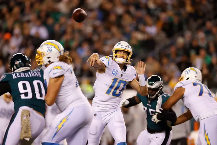 Los Angeles Chargers quarterback Justin Herbert throws the football against the Eagles in the third quarter on Sunday, November 7, 2021 in Philadelphia.