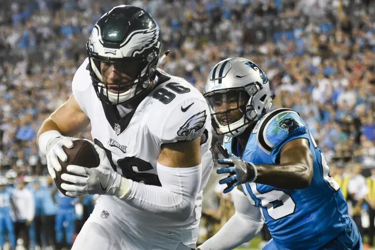 Zach Ertz gets past Panthers cornerback Daryl Worley for one of his two touchdown catches.