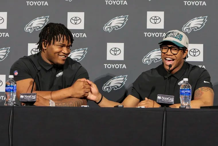 The Eagles introduced first-round draft picks Jalen Carter (left) and Nolan Smith at the NovaCare Complex on April 28.