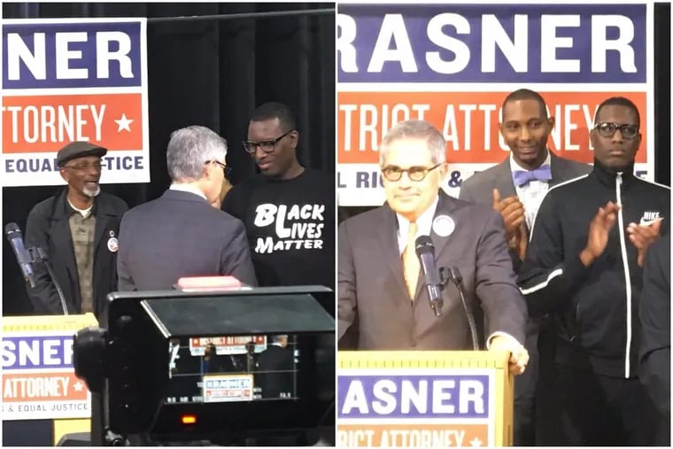 Notice anything different about the picture on the left of Larry Krasner, the Democratic nominee for district attorney in Philadelphia, talking with Black Lives Matter activist Asa Khalif and the picture on the right, when the cameras were turned on in a television studio for Krasner's fall campaign kickoff?