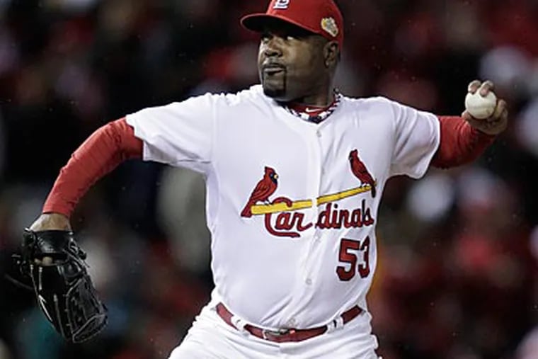 Arthur Rhodes played a key role in the Cardinals' NLDS Game 2 win over the Phillies. (Charlie Riedel/AP)