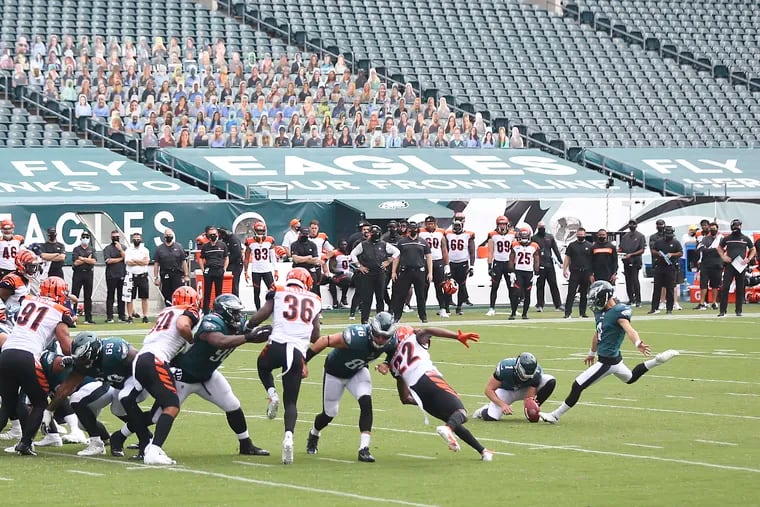 Eagles kicker Jake Elliott boots a field goal in the second quarter on Sunday against the Bengals. He never got a chance to kick one in overtime.