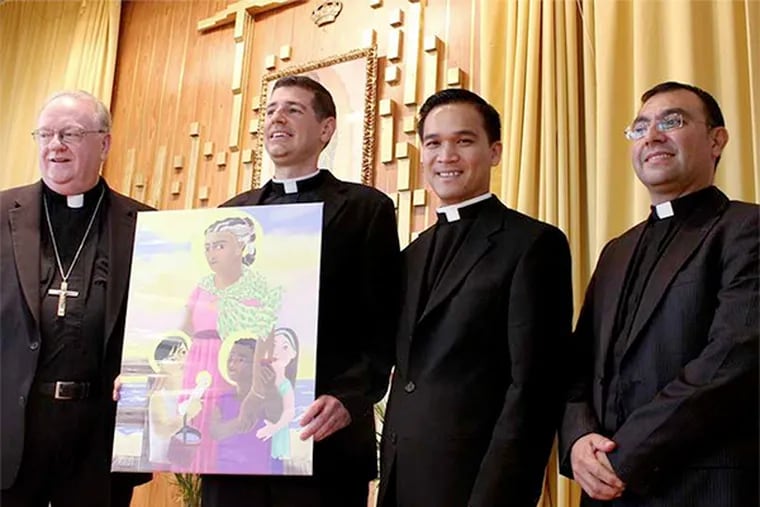 Bishop Dennis Sullivan (left) with new pastors (from right) the Revs. Fernando Carmona, Thanh Pham, and Jon-Peter Thomas. The painting, designed to reflect Atlantic City's ethnicities, includes St. Monica, who was African; an Asian Jesus; and a white child.