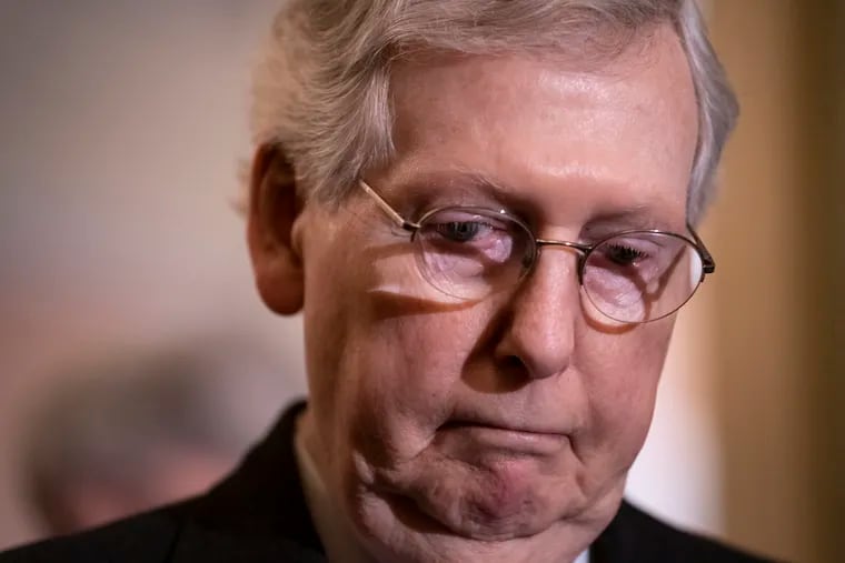 Senate Majority Leader Mitch McConnell, R-Ky., told reporters he can't say whether the Republican-controlled Senate will approve a resolution to block President Donald Trump's emergency declaration on immigration, during a news conference after a closed-door GOP meeting with Vice President Mike Pence, on Capitol Hill in Washington, Tuesday, Feb. 26, 2019. The House later voted to block President Trump's emergency declaration, a measure intended get him billions of extra dollars to build his border wall. (AP Photo/J. Scott Applewhite)
