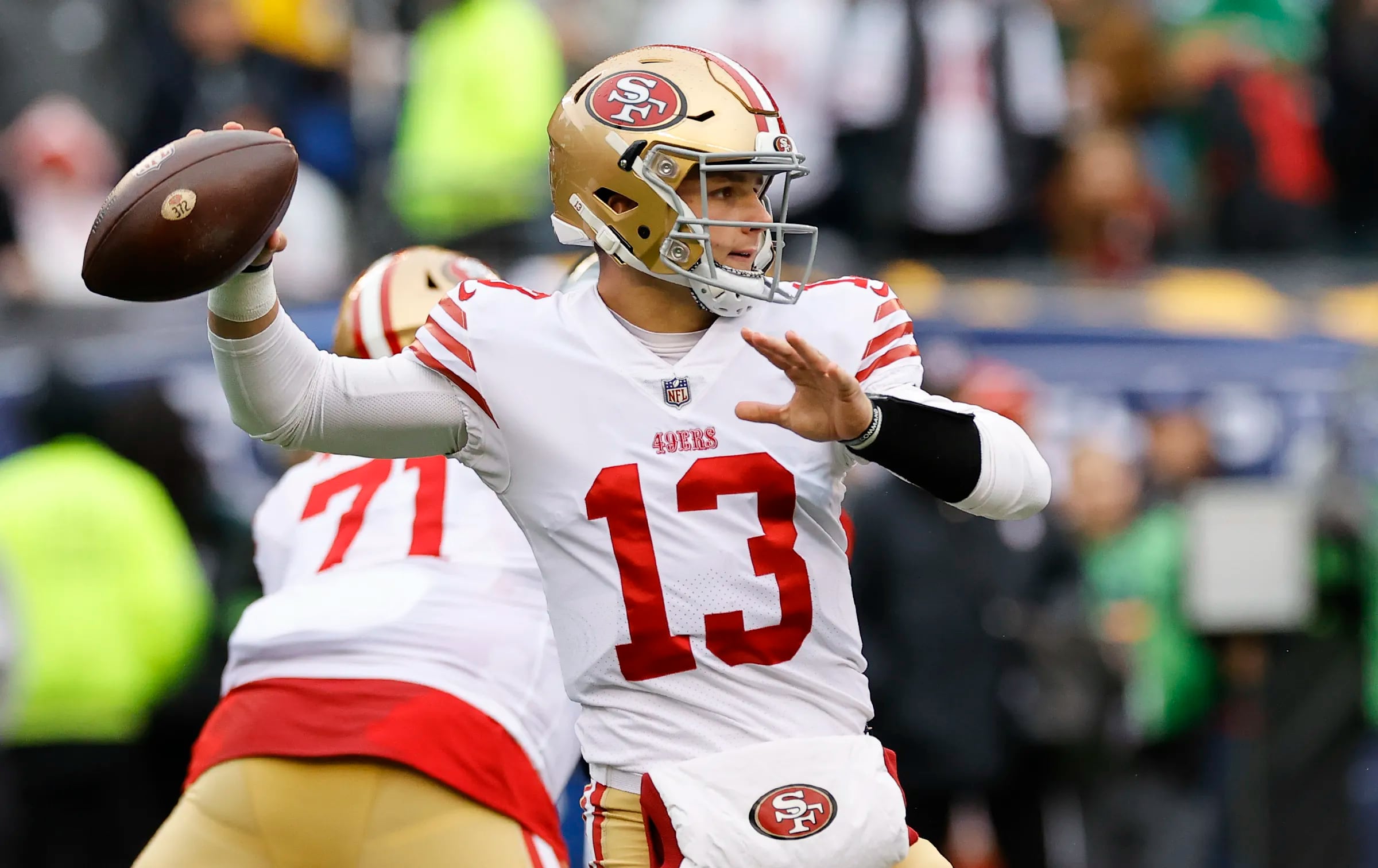 San Francisco 49ers quarterback Brock Purdy throws the football against the Eagles during the NFC Championship game.