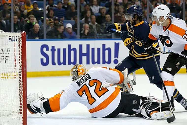 Philadelphia Flyers goalie Rob Zepp (72) makes a save on a shot by Buffalo Sabres left wing Matt Moulson (26) during the second period at First Niagara Center. (Kevin Hoffman/USA TODAY Sports)