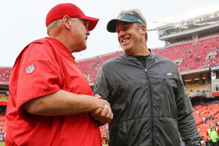 Eagles coach Doug Pederson (right) got pass-happy against Andy Reid last season. He is getting that way again this year.