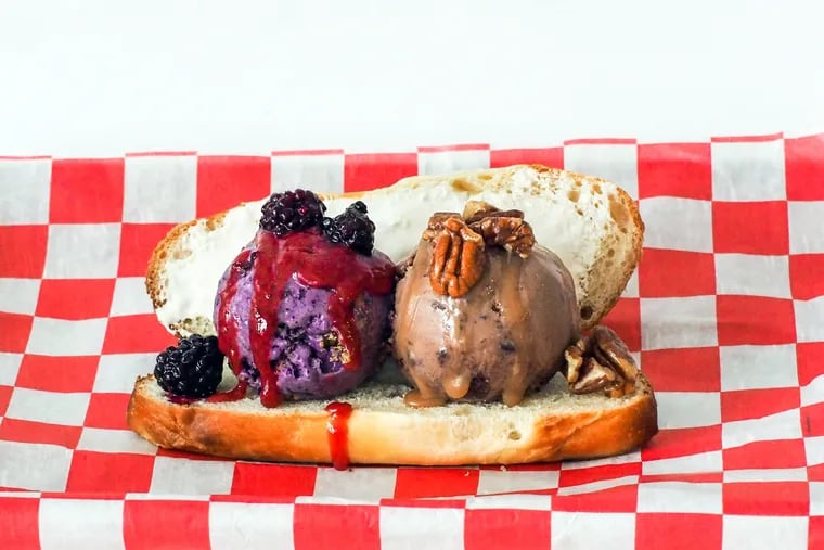 Weckerly's ice cream hoagies feature two scoops of your choice, a spread, like marshmallow fluff or fruit butter, and toppings, like the balsamic blackberry compote and thyme pecan pralines pictured here.