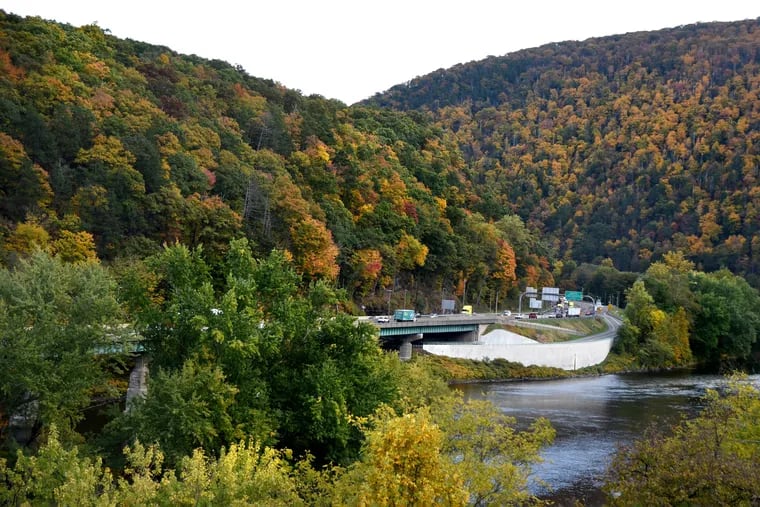 I-80 near Hardwick Township, Warren County, on the New Jersey side of the river in the Delaware Water Gap earlier this week. The leaves on trees are transitioning from green to autumn colors.