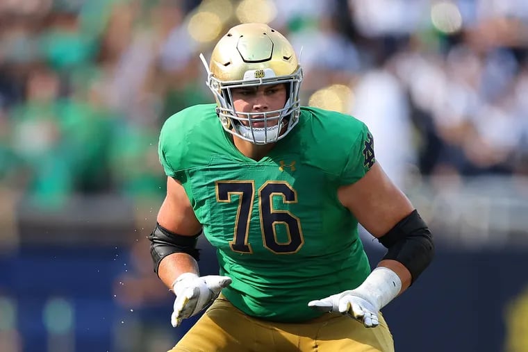 Joe Alt #76 of the Notre Dame Fighting Irish in action against the California Golden Bears during the second half at Notre Dame Stadium on September 17, 2022 in South Bend, Indiana.