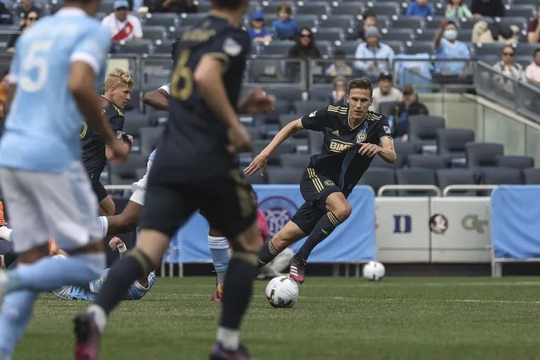 Jack Elliott (right) on the ball during the first half of the Union's win at New York City FC.