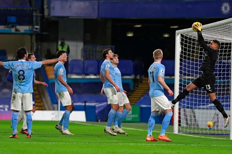 Goalkeeper Zack Steffen (far right) and Manchester City can clinch the Premier League title with a win over Chelsea on Saturday.