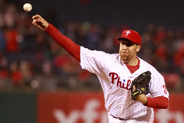 The Phillies' Aaron Harang pitches against the Red Sox on April 8, 2015. (Charles Fox/Staff Photographer)