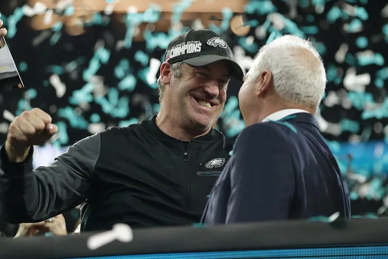 The best of times for Doug Pederson and Jeffrey Lurie, moments after the Eagles won the Super Bowl.