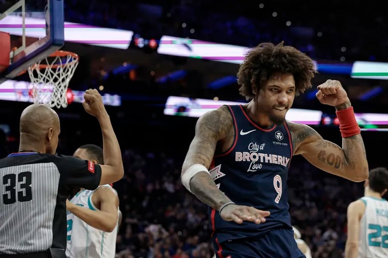 Sixers Kelly Oubre Jr. reacts after being fouled late in the fourth quarter of the Charlotte Hornets vs Philadelphia 76ers (Sixers) NBA game at the Wells Fargo Center in Philadelphia on Saturday, March 16, 2024.