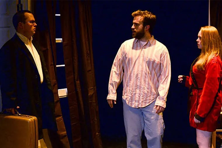 (From left) Robert Ian Cutler as Theo, Mark Sherlock as Ned, and Jessica Snow as Lina in Quince Productions' &quot;Three Days of Rain.&quot; (John Donges)