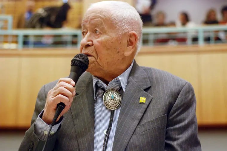 FILE - In this Feb. 2, 2018, file photo, Democratic New Mexico State Sen. John Pinto talks about his career as a lawmaker on American Indian Day in the Legislature on  in Santa Fe, N.M.