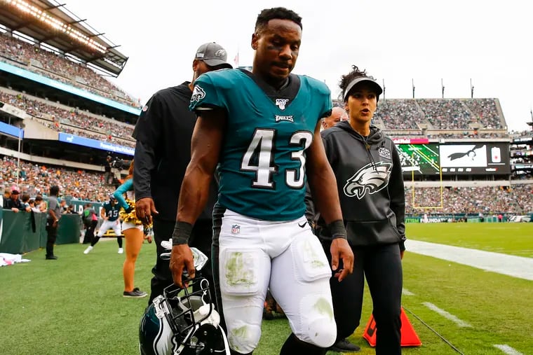 Eagles running back Darren Sproles leaves the game against the New York Jets after getting injured during the third-quarter on Sunday, October 6, 2019 in Philadelphia.