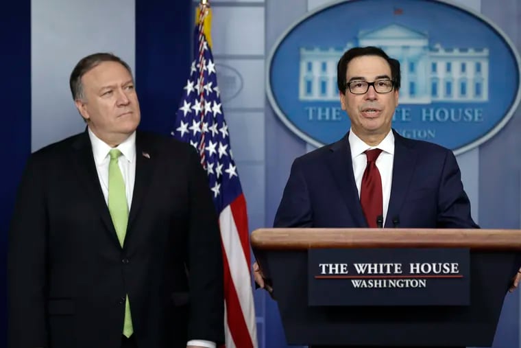 Secretary of State Mike Pompeo and Treasury Secretary Steve Mnuchin brief reporters about additional sanctions placed on Iran, at the White House, Friday, Jan. 10, 2019, in Washington.