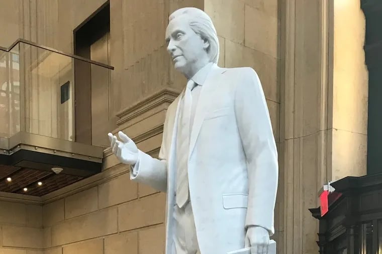 Tom Kline, a Philadelphia trial lawyer, is depicted in this larger-than-life statue in the lobby of the former Beneficial bank building in Center City Philadelphia.