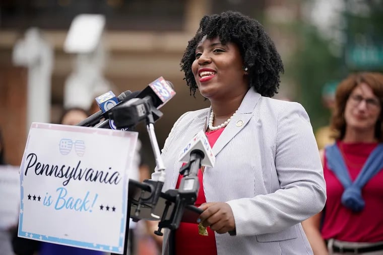 State Rep. Joanna McClinton (D., Philadelphia) speaks during a news conference in July.
