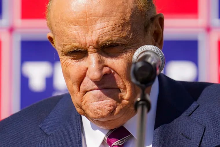 Former New York Mayor Rudy Giuliani, the personal lawyer for President Donald Trump, during a news conference on Saturday about legal challenges to vote counting in Pennsylvania.