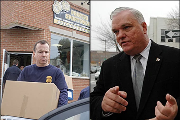 At left, a federal agent carries a box of items Wednesday from KO Sporting Goods in South Philadelphia. Pa. State Rep. William Keller (right, in file photo) co-owns the store with a childhood friend. (Ed Hille/Staff/Jessica Griffin/File)