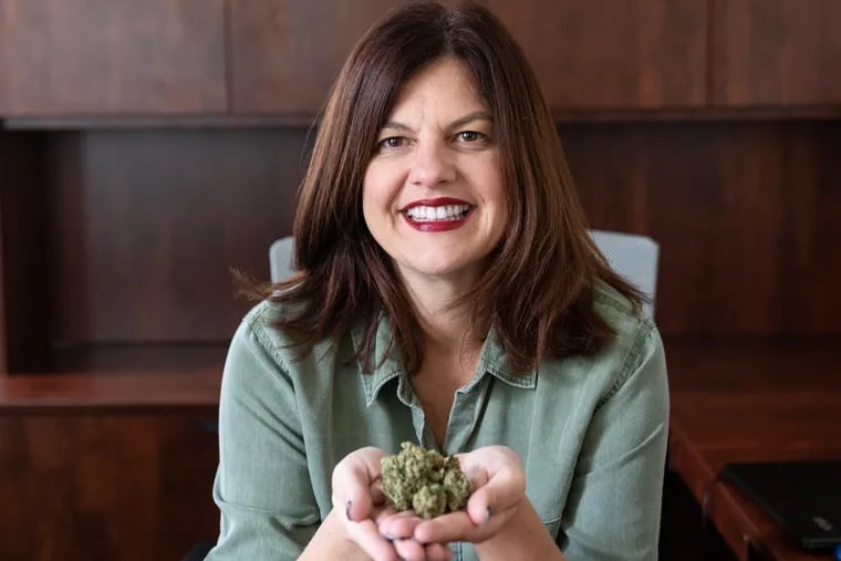 Chris Visco, President and CEO of TerraVida Holistic Center, shown here in her office holding Copper Chem Marijuana Bud by Ilera Healthcare, at her office in Abington, Pennsylvania, November 28, 2018. Visco sells more cannabis than any other legal dealer in the state.
