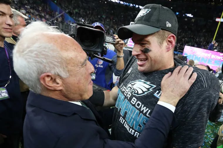 Eagles owner Jeffrey Lurie celebrates with Eagles tight end Brent Celek at Super Bowl LII, at U.S. Bank Stadium in Minneapolis, Minnesota, Sunday, Feb. 4, 2018. The Eagles won 41-33.