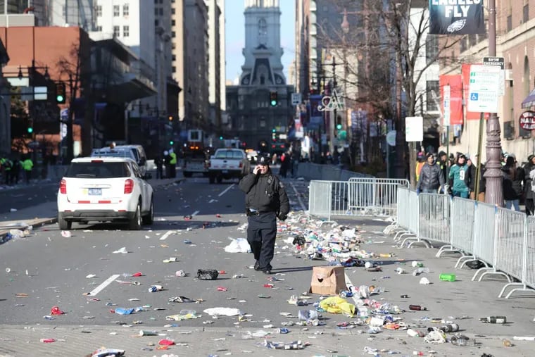 Debris from thousands of fans after watching the Super Bowl LII championship Philadelphia Eagles Parade up Broad Street Thursday February 8, 2018