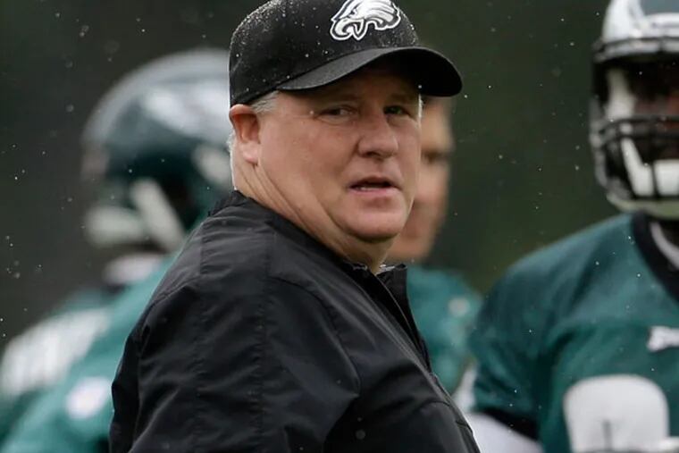 Chip Kelly directs practice at the team's NFL football training facility, Tuesday, May 28, 2013, in Philadelphia. (Matt Rourke/AP)