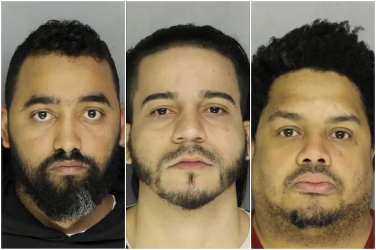 From left to right: Jose Nieves Velez, Emanuel Rodrigues-Santiago and Hamlet Bentacourt Pimentel are charged with trafficking heroin after a drug arrest in Bensalem.