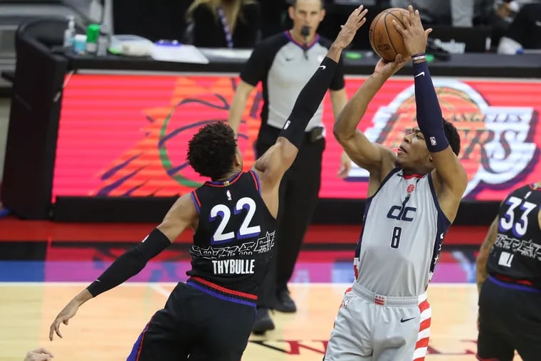 Sixers guard Matisse Thybulle blocking a shot by the Wizards' Rui Hachimura on Wednesday during Game 2 of the teams' playoff series.
