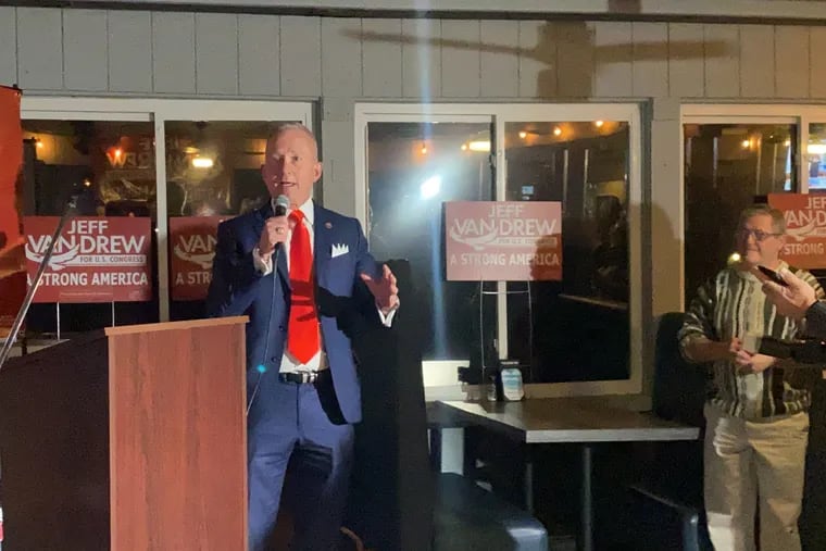 U.S. Rep. Jeff Van Drew addressing supporters in Sea Isle City on Nov. 3, 2020. He built up a lead Election Night against Democrat Amy Kennedy.