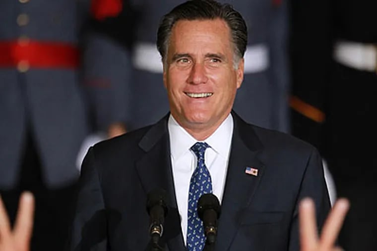 Mitt Romney attends a rally at Valley Forge Military Academy & College in Wayne, Pa., on Friday, Sept. 28, 2012. (David Swanson / Staff Photographer)