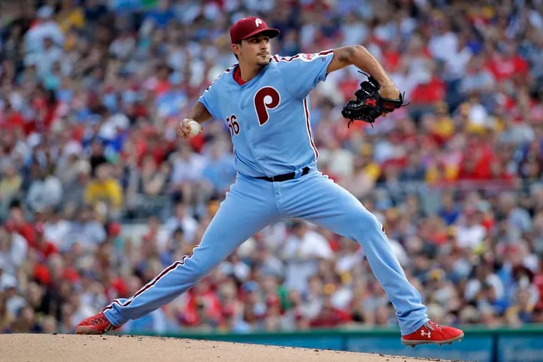 Philadelphia Phillies starting pitcher Zach Eflin delivers during the first inning of a baseball game against the Pittsburgh Pirates in Pittsburgh, Saturday, July 20, 2019. (AP Photo/Gene J. Puskar)