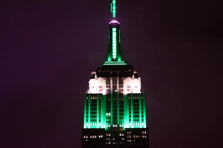 The Empire State Building lit up in green to commemorate the Philadelphia Eagles' NFC championship win. The move left some New Yorkers angry, but it's actually an annual tradition.