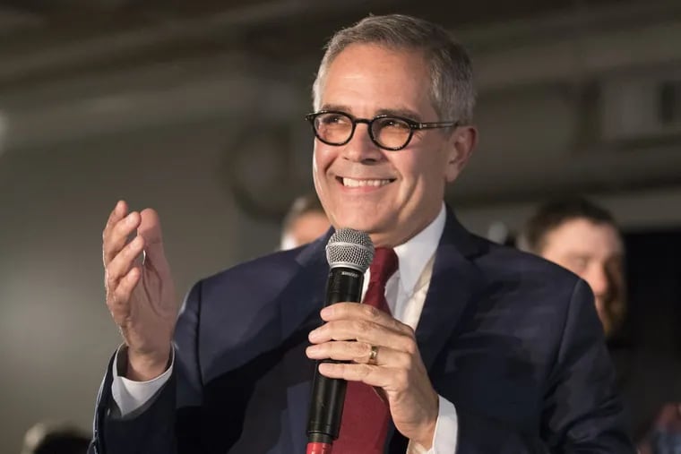 Democratic nominee Larry Krasner speaks to supporters after winning election as the next Philadelphia District Attorney.